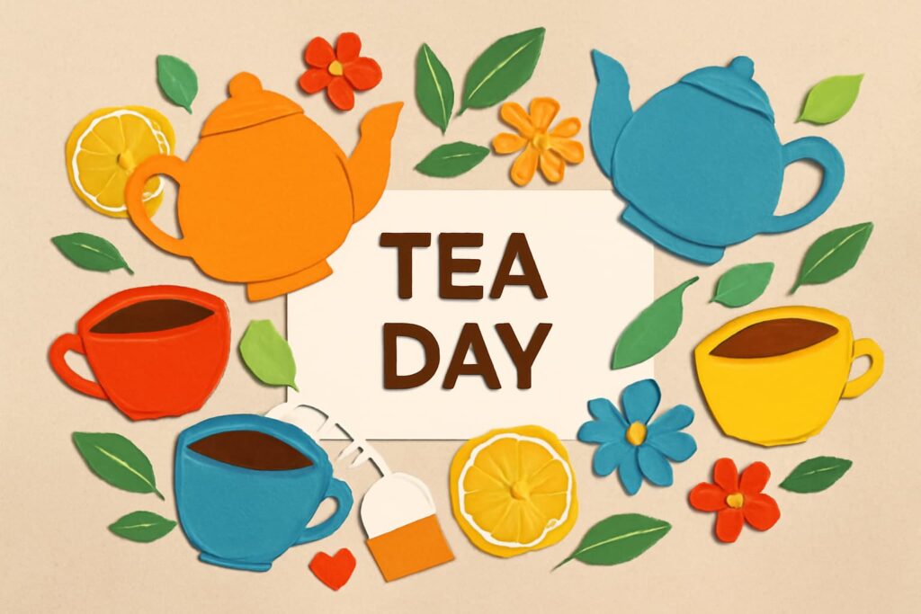 紅茶の日を祝うカラフルな紅茶と花のデザイン、紅茶の歴史と楽しみ方を象徴する