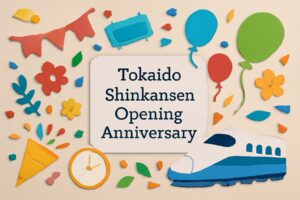 1964年10月1日に開業した東海道新幹線の歴史とその影響を祝う記念日。新幹線の進化と、60年を迎えた記念イベントを象徴するカラフルなデザイン。