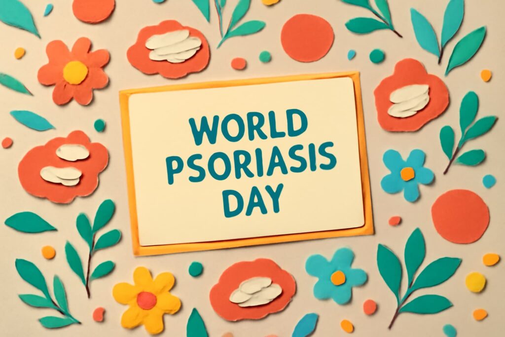 10月29日の世界乾癬デーに関する情報を広め、乾癬患者への理解と支援を呼びかけるカラフルで活気あるデザイン。