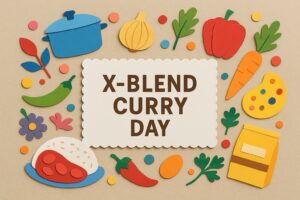 X‑BLEND CURRYの日を祝うカラフルなカレーとスパイスのイメージイラスト