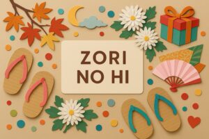 ぞうりの日に関する記念日紹介ブログのサムネイル画像。草履、秋の葉、和風モチーフがカラフルに配置されたペーパーアート。