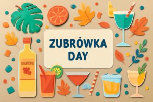 ズブロッカの日を祝うカラフルなアイテムが散りばめられたデザイン、ポーランドのウォッカ「ズブロッカ」の魅力を表現