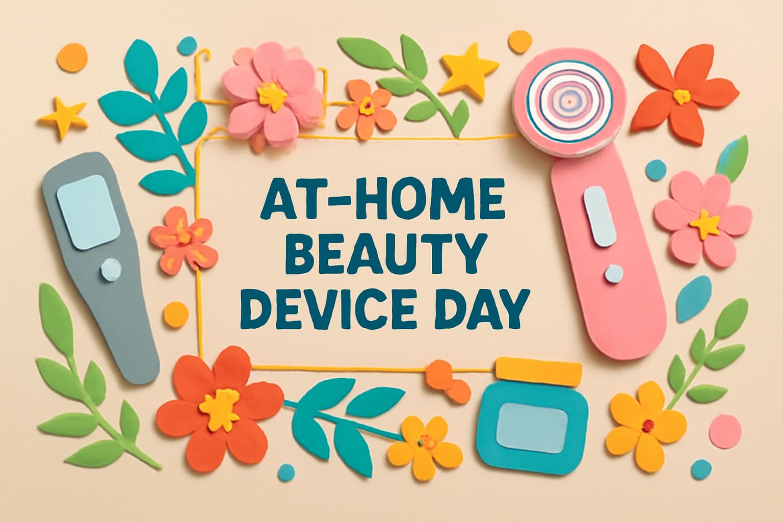 「おうちで美顔器の日」の記念日にぴったりな、美容機器とカラフルな花々が描かれたデザイン