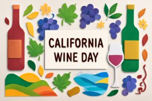 カリフォルニアワインの日の由来と魅力を紹介する記事のサムネイル画像。カリフォルニアワイン、ワインの産地、ブドウのイメージを盛り込んだカラフルで華やかなデザイン。