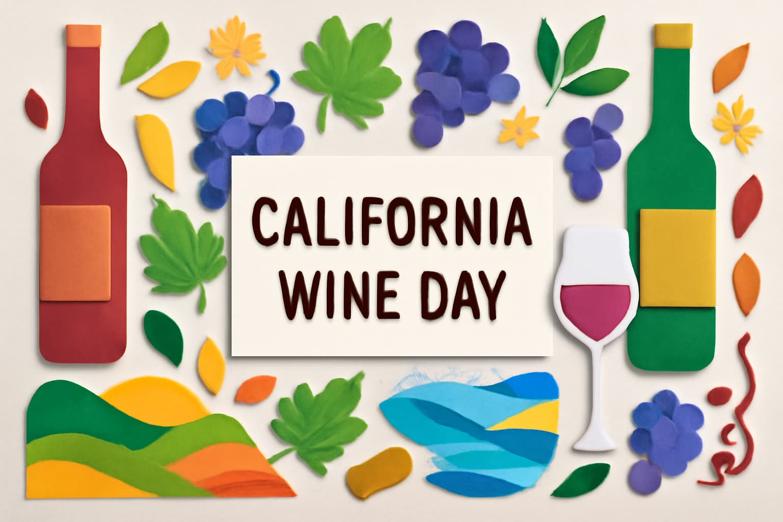 カリフォルニアワインの日の由来と魅力を紹介する記事のサムネイル画像。カリフォルニアワイン、ワインの産地、ブドウのイメージを盛り込んだカラフルで華やかなデザイン。