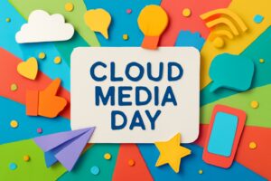 クラウドメディアの日（9月9日）を祝う記念日として、情報発信の新しい力を象徴するデザイン。