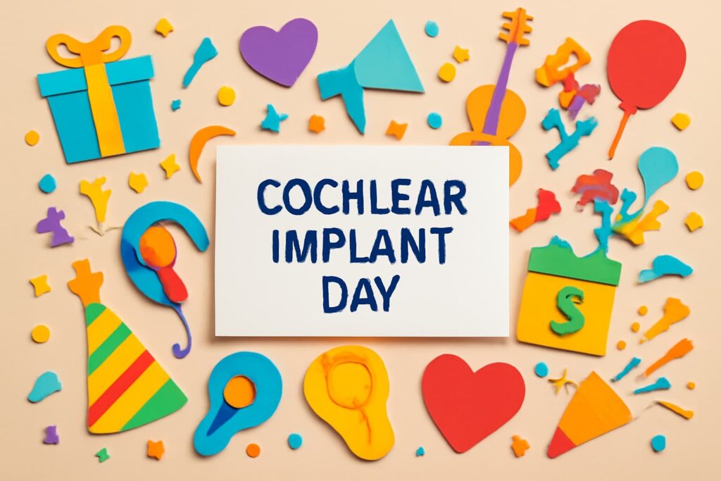 人工内耳の日を祝うカラフルなデザイン、音と聴覚をテーマにしたイラストが散りばめられたアート