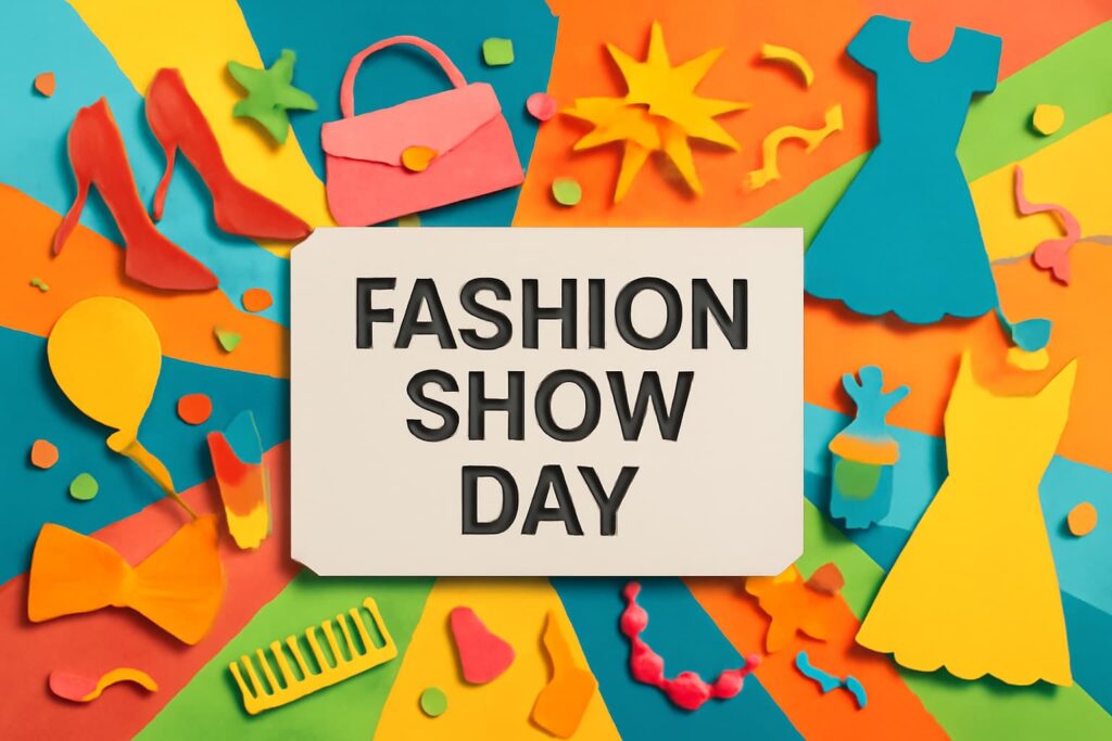 9月21日のファッションショーの日を記念した、日本初のファッションショーの歴史を伝えるカラフルなデザイン。