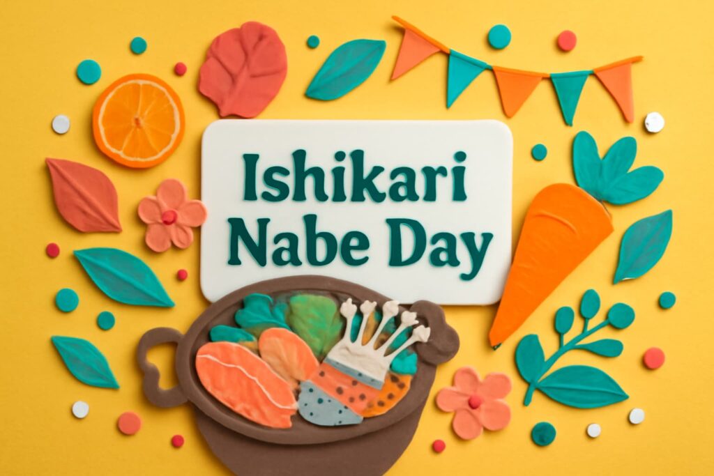 9月15日の石狩鍋記念日を祝う、北海道の郷土料理「石狩鍋」の魅力を伝えるカラフルなビジュアル