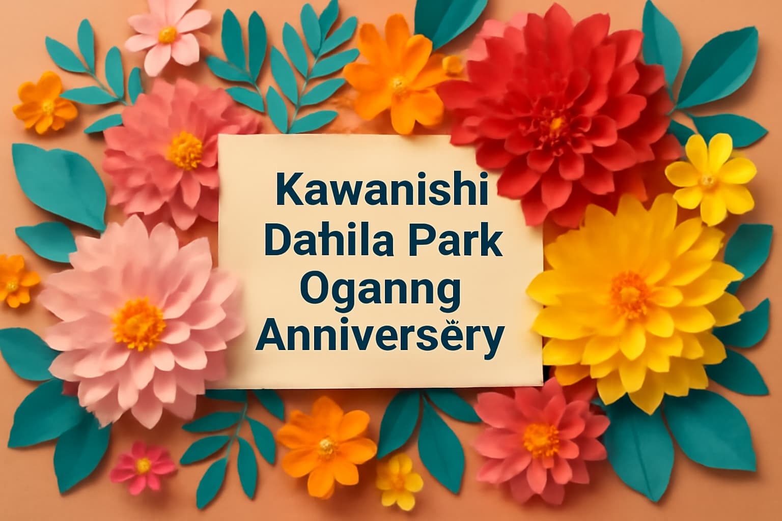 川西ダリヤ園開園記念日を祝うカラフルなダリヤの花々と、記念日の意味を伝えるデザイン