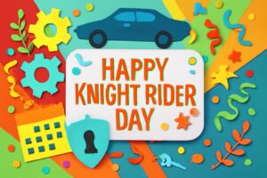 ナイトライダーの日を祝うカラフルなデザインの紙アート。記念日としての意義や歴史が感じられるデザイン。