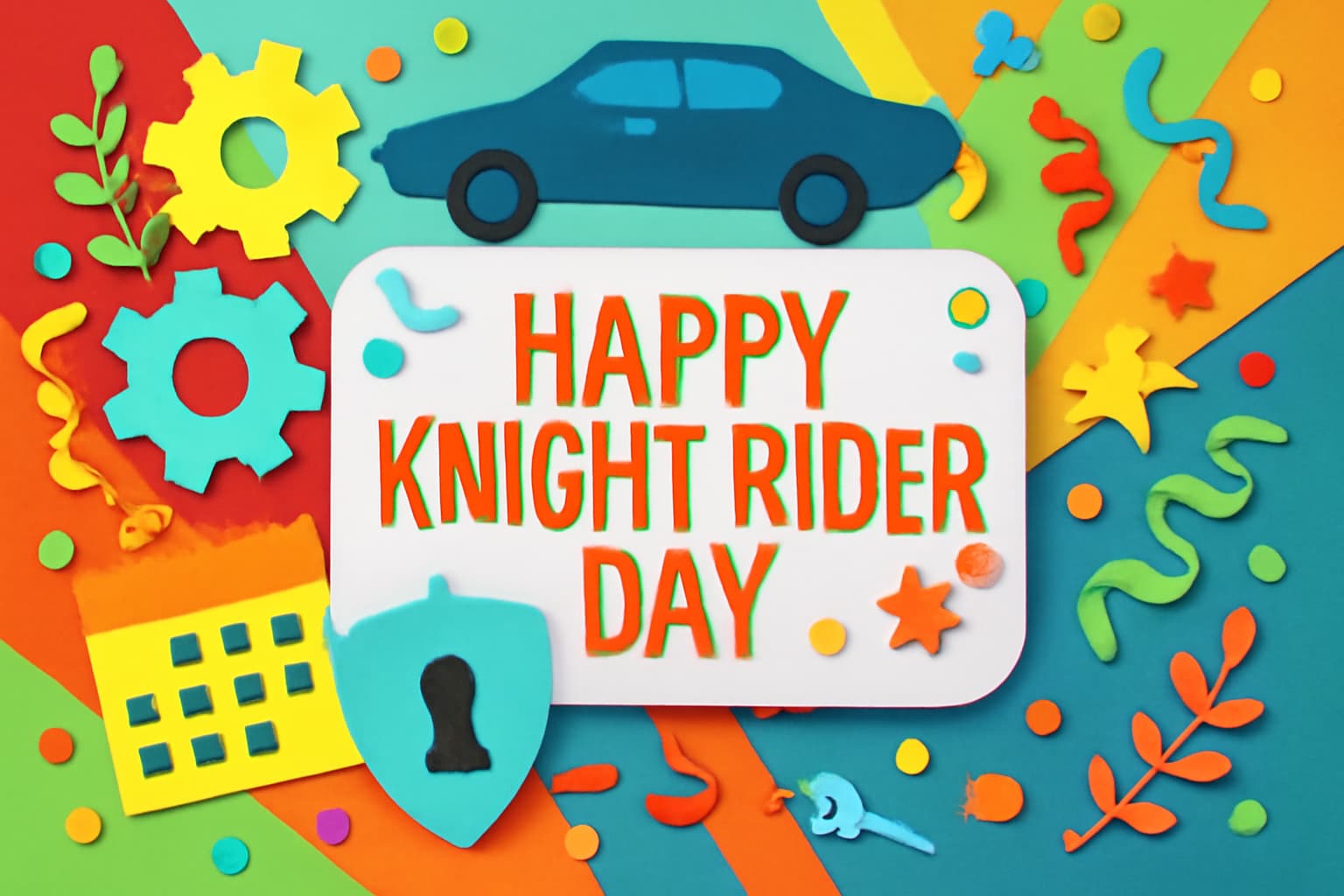 ナイトライダーの日を祝うカラフルなデザインの紙アート。記念日としての意義や歴史が感じられるデザイン。