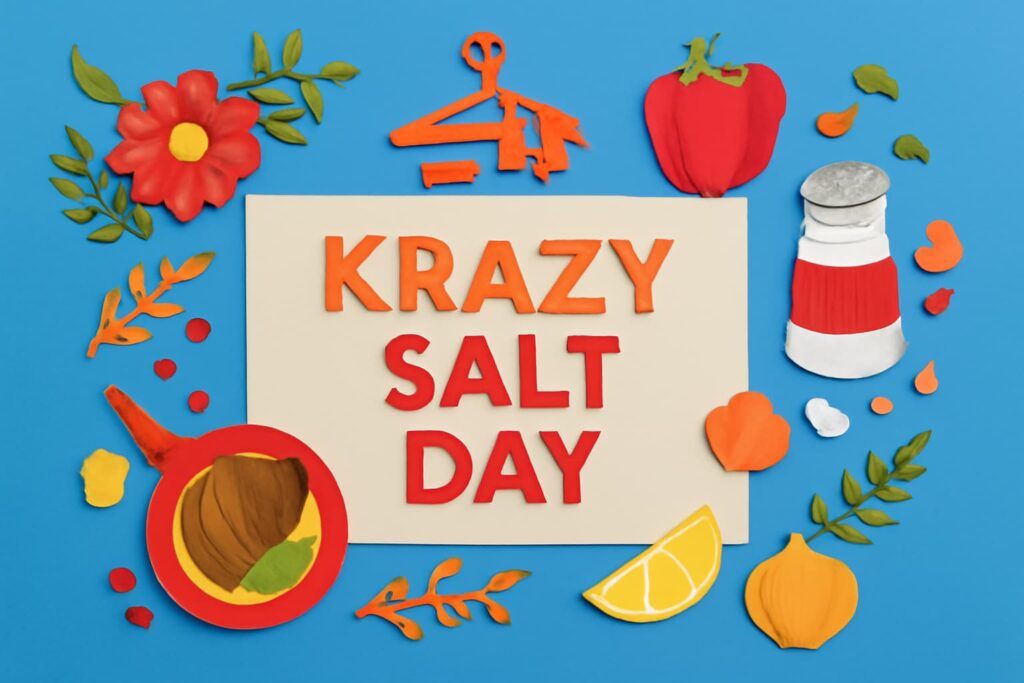 9月21日のクレイジーソルトの日にぴったりのカラフルな紙アート。クレイジーソルトの魅力を表現した料理テーマのアイテムが配置されている。