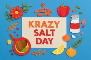 9月21日のクレイジーソルトの日にぴったりのカラフルな紙アート。クレイジーソルトの魅力を表現した料理テーマのアイテムが配置されている。