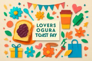 愛する小倉トーストの日の記念日を祝う、名古屋の名物小倉トーストやカラフルなアイテムを使ったデザイン