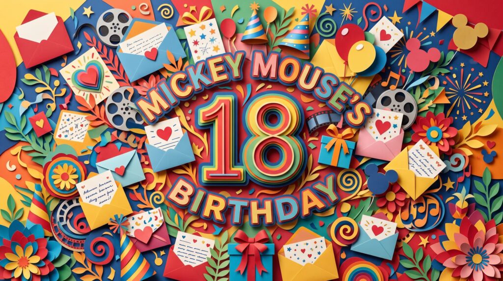 ミッキーマウスの誕生日である11月18日記念日の由来や、ウォルト・ディズニー、『蒸気船ウィリー』でのスクリーンデビュー、ミニーマウスとの共通の誕生日、モーティマーになる予定だった名前にまつわる豆知識を解説するブログ記事のアイキャッチ。