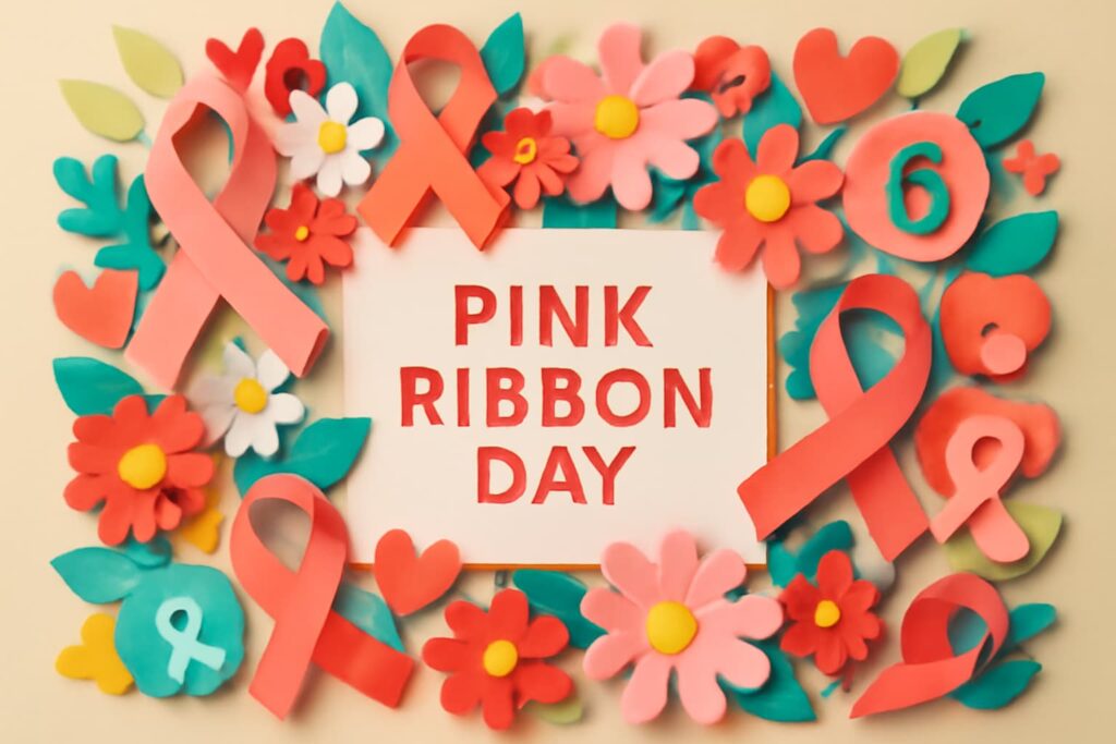 ピンクリボンの日の重要性を広めるための活動や啓発キャンペーン、乳がん早期発見のメッセージを伝えるピンクリボンと花々