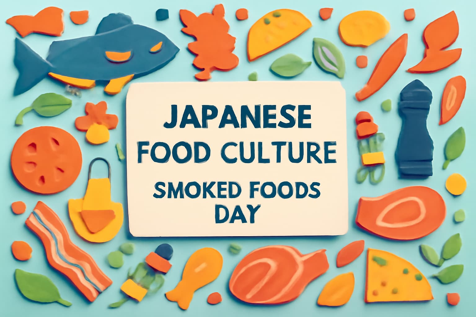 日本の食文化・燻製（スモーク）の日を祝うカラフルな紙アート、スモークサーモンや燻製食品が描かれたデザイン。