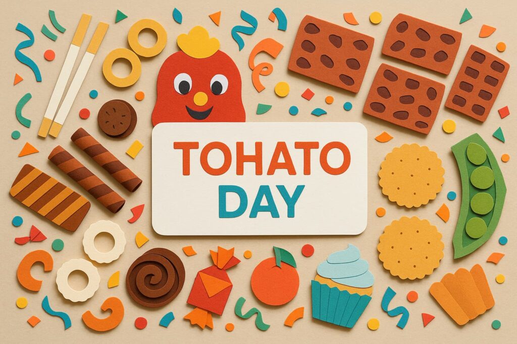 東ハトの日を祝うカラフルなお菓子と記念日の文字が並ぶペーパーアート