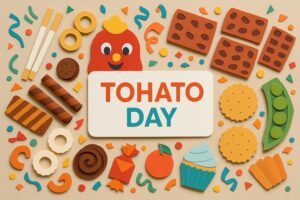 東ハトの日を祝うカラフルなお菓子と記念日の文字が並ぶペーパーアート