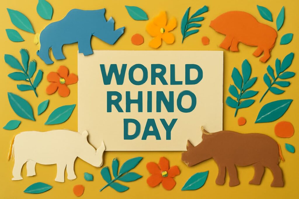 世界サイの日を祝うため、サイの保護活動を強調したカラフルなデザインのイメージ。サイの生態や絶滅危機についてのメッセージを伝える。