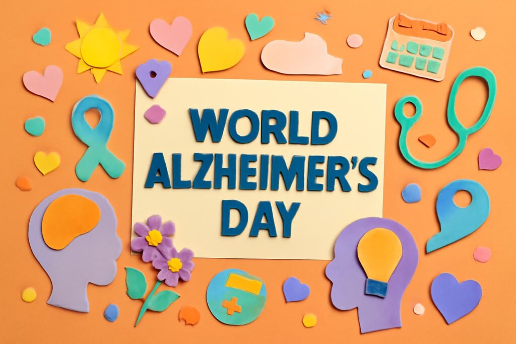 9月21日の世界アルツハイマーデーに関連する啓発活動と支援を表現したカラフルなアート。アルツハイマー病への理解と患者支援の重要性を訴えます。