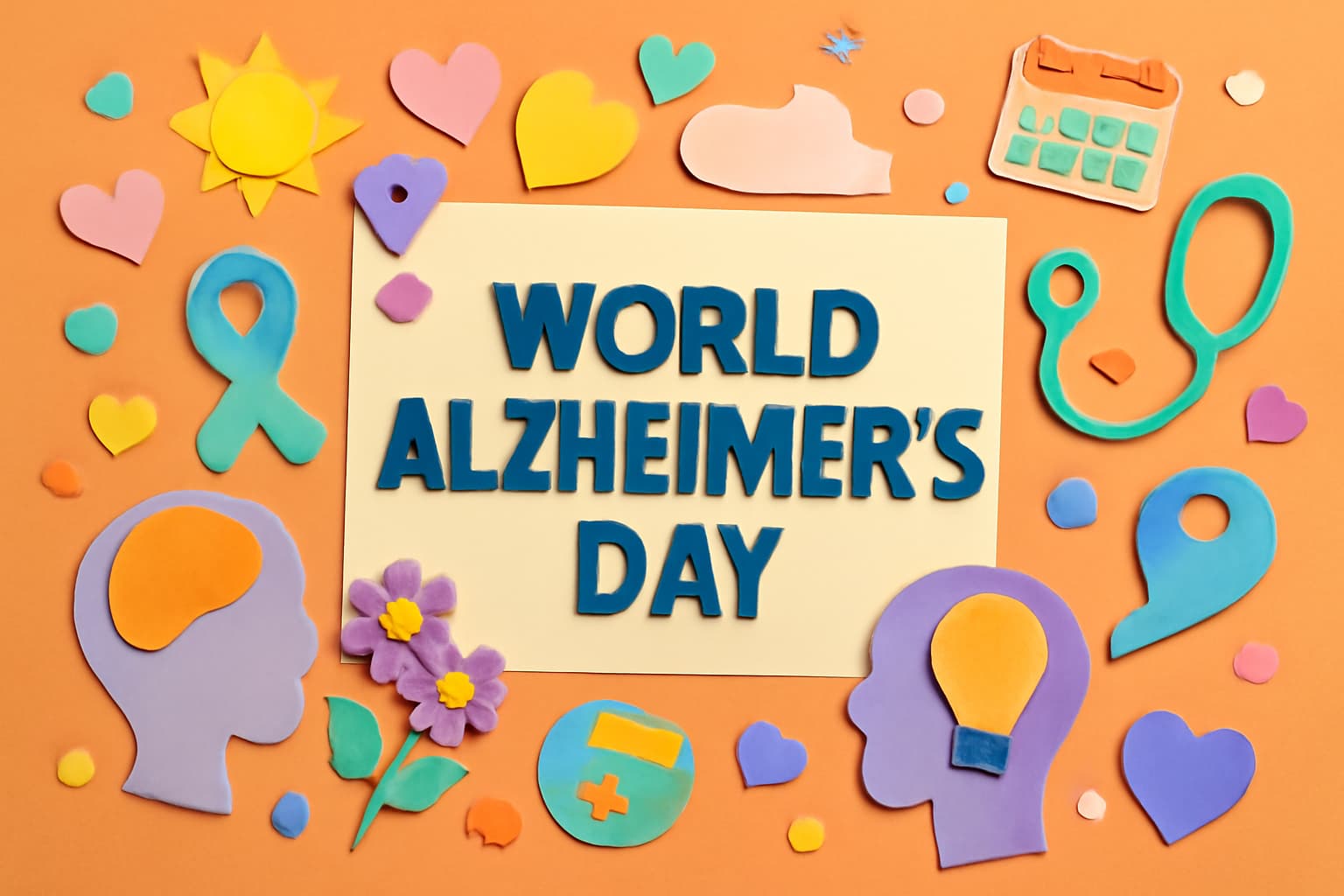 9月21日の世界アルツハイマーデーに関連する啓発活動と支援を表現したカラフルなアート。アルツハイマー病への理解と患者支援の重要性を訴えます。