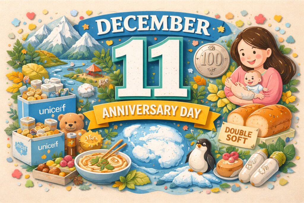 12月11日の記念日（国際山岳デー、ユニセフ創立記念日、百円玉記念日、胃腸の日、THINK SOUTHの日）を中心に、自然・子ども支援・暮らしの歴史・健康・地球環境への気づきをまとめた内容