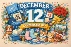 12月12日の記念日（国際中立デー、バッテリーの日、漢字の日、ダズンローズ・デー、児童福祉法公布記念日）と、暮らし・学び・感謝・平和への想いをまとめた内容