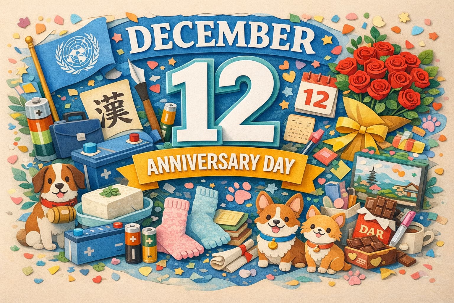 12月12日の記念日（国際中立デー、バッテリーの日、漢字の日、ダズンローズ・デー、児童福祉法公布記念日）と、暮らし・学び・感謝・平和への想いをまとめた内容