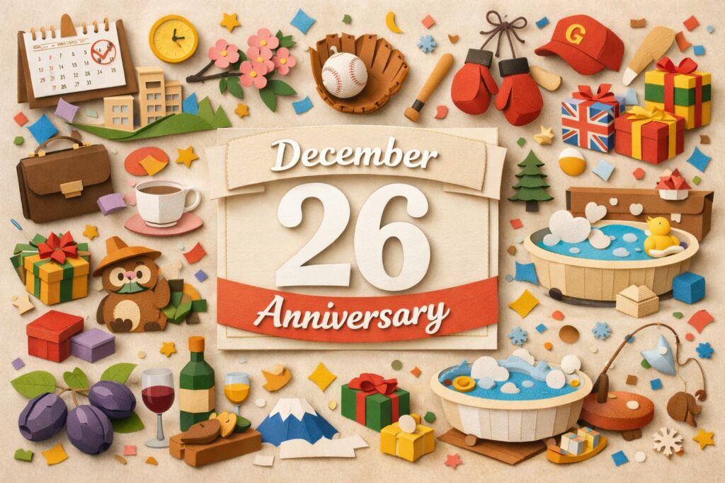 12月26日は何の日かを解説する記念日ブログ用アイキャッチ。仕事納めや御用納め、プロ野球誕生の日、ボクシング・デーなど年末の主要な記念日をまとめた内容