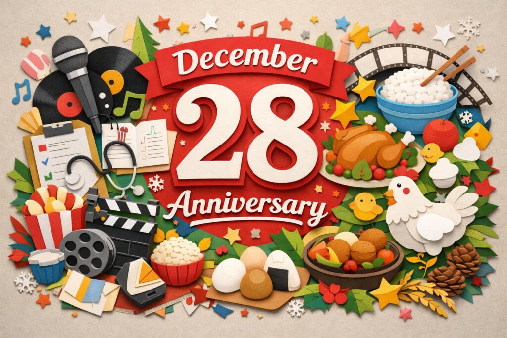 12月28日は何の日かを紹介する記念日ブログのサムネイル。ディスクジョッキーの日、身体検査の日、シネマトグラフの日、ゆめぴりかの日、にわとりの日を象徴する要素で年末の記念日を表現