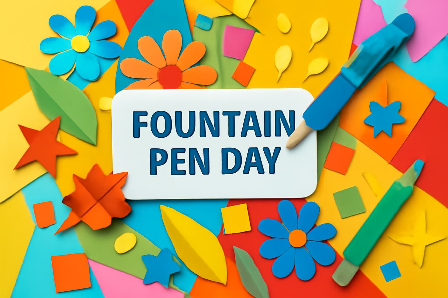 万年筆の日(9月23日)の由来や魅力、歴史と万年筆の使い方を解説したブログ記事のサムネイル。カラフルな紙アートで表現された万年筆の祝い。