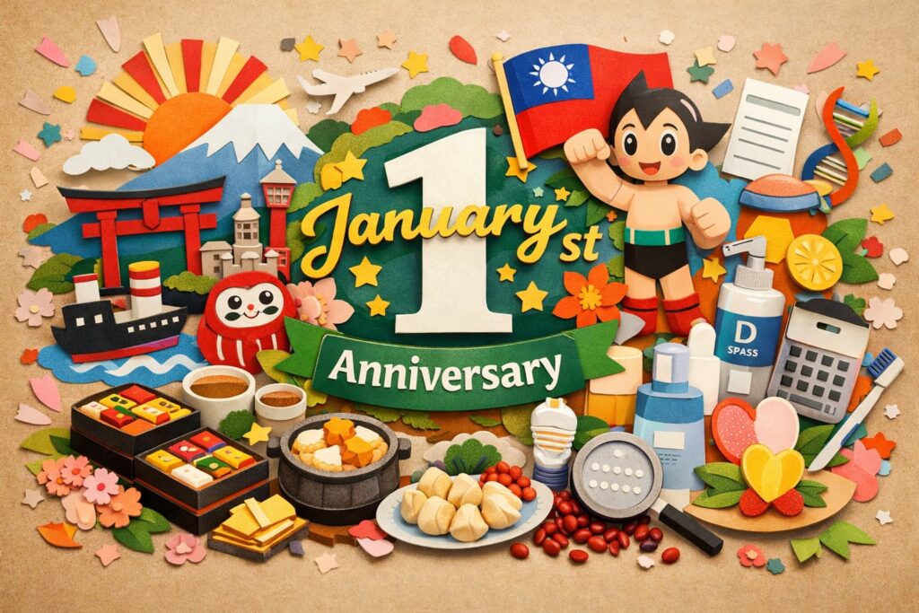 1月1日は何の日かを伝える元日と太陽暦施行の日、鉄腕アトムの日や省エネルギーの日など多彩な記念日を表現したビジュアル