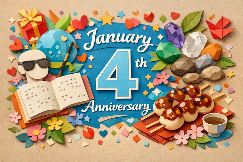1月4日は何の日かを伝える記念日イメージ。世界点字デー、石の日、みたらしだんごの日を象徴する要素を通して、意味や由来をわかりやすく表現