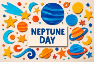 9月23日の海王星の日を祝う、太陽系の惑星や星々が描かれたカラフルなアート