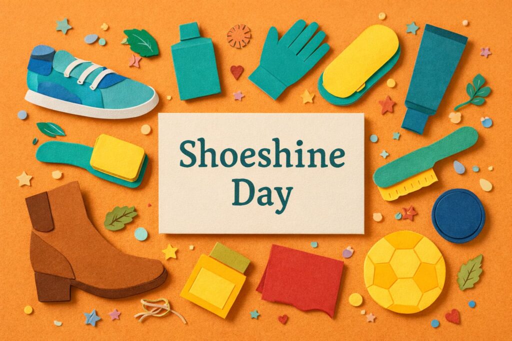 靴磨きの日に関連するカラフルな靴ケア用品とメッセージカードが並ぶペーパーアート風のビジュアル