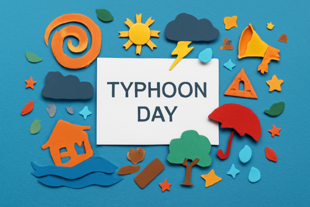 9月26日の台風襲来の日を象徴するカラフルな紙アート。台風の影響を示す天候のアイコンと共に、台風襲来の日を記念するメッセージが描かれています。