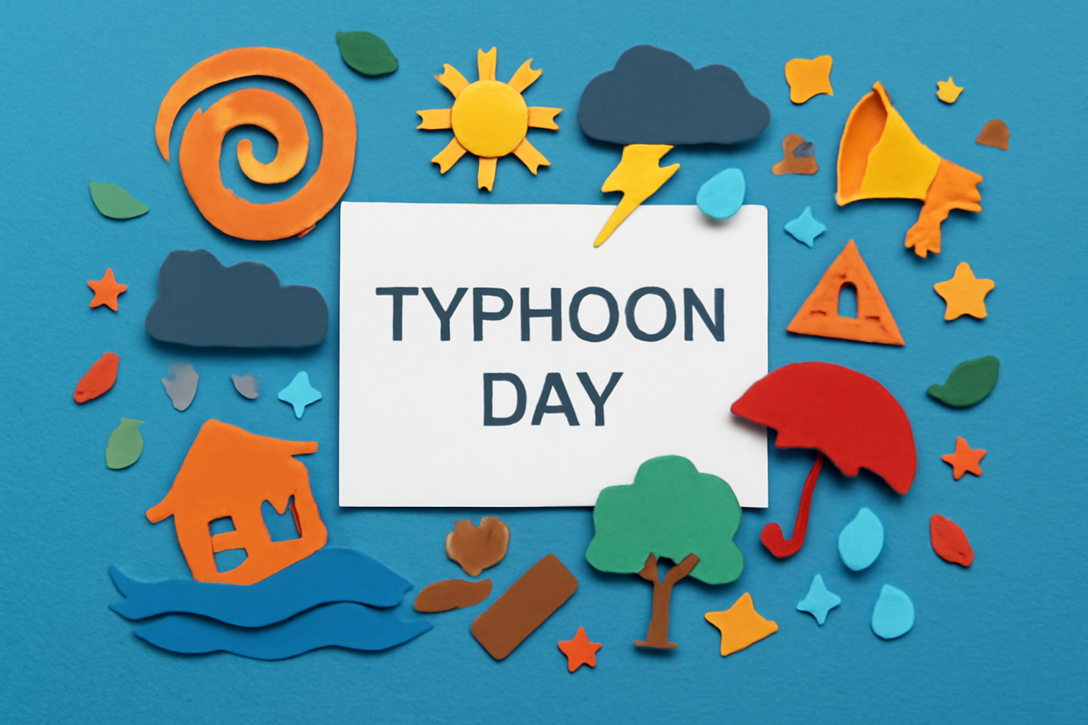 9月26日の台風襲来の日を象徴するカラフルな紙アート。台風の影響を示す天候のアイコンと共に、台風襲来の日を記念するメッセージが描かれています。