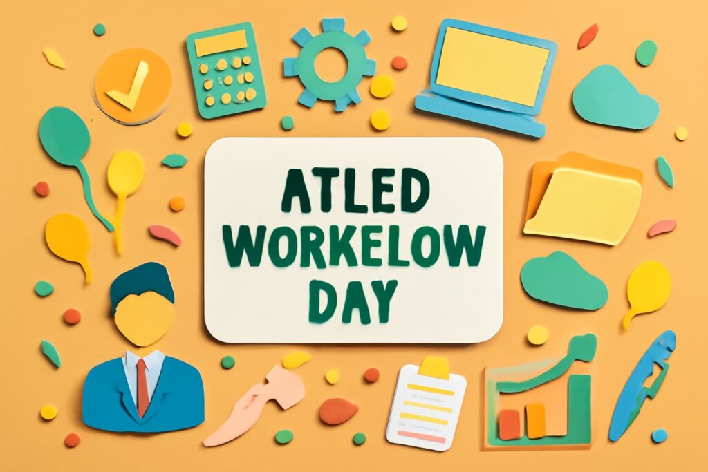 エイトレッド・ワークフローの日（9月26日）の重要性を広めるカラフルなデザイン。業務効率化やデジタル化に注目した日。