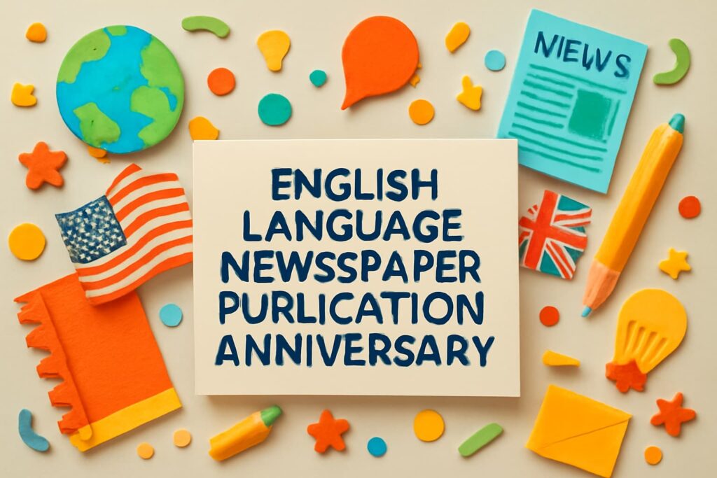「英字新聞発刊記念日」の意義を伝えるカラフルなデザインで、国際交流やメディア発信を象徴するアイテムが並ぶ。