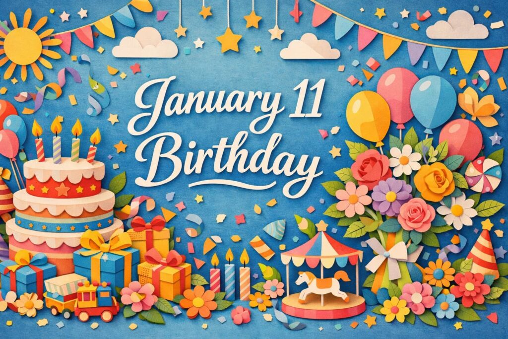 1月11日誕生日の芸能人・有名人を紹介するブログのサムネイル。松岡昌宏さん、深津絵里さん、浜口京子さん、ソン・イェジンさん、伊能忠敬を中心に、多彩な分野で活躍する人物が集う特別な日を表現