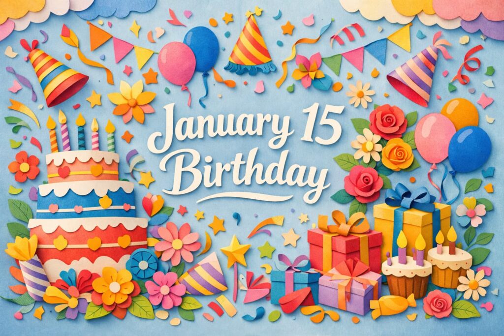 1月15日誕生日の芸能人・有名人を華やかなペーパーアート風で表現したビジュアル、吉岡里帆や石原良純、田中真弓、樹木希林、マーティン・ルーサー・キングJr.の誕生日を象徴