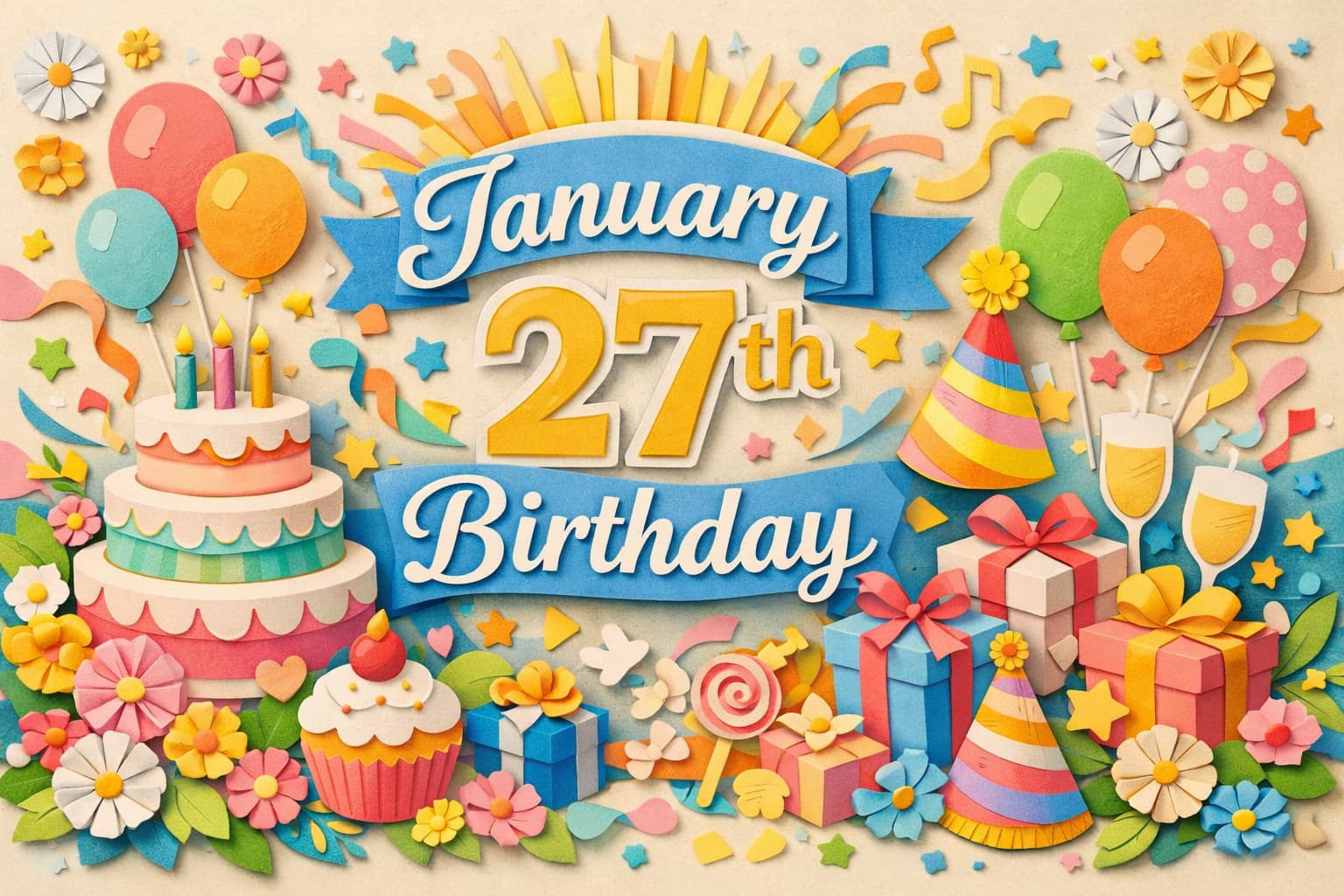 1月27日誕生日の芸能人・有名人をテーマにした、上白石萌音やモーツァルトなど多彩な人物を連想させる華やかな誕生日イメージ