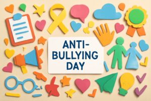 いじめ防止対策を考える日（9月28日）の重要性と取り組みを伝えるカラフルで活気に満ちたビジュアル。