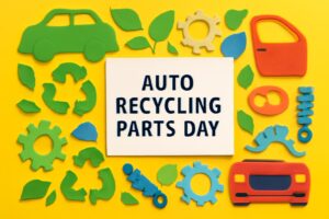 自動車中古部品の日の意義と環境保護の重要性を伝えるカラフルなデザインのイメージ