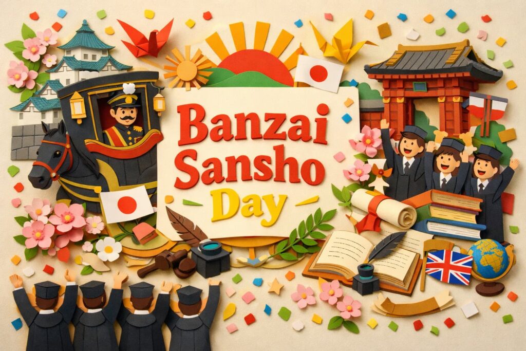 明治天皇と東京大学の学生によって始まった万歳三唱の歴史を表現したカラフルな紙のアート