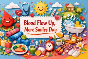 2月26日の血流UPで笑顔をふやす日を解説。語呂合わせの由来、制定者、2025年登録の事実、血流と健康・美容の関係、続けやすい習慣が分かります。