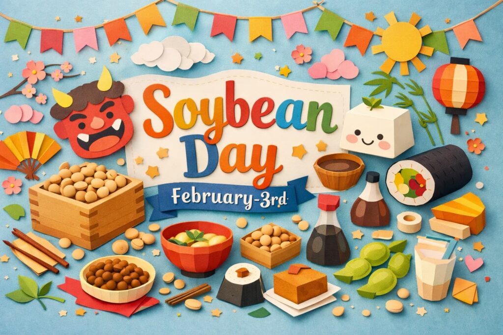 節分の豆まき文化を背景に、大豆の栄養や健康効果、記念日の由来を解説する内容