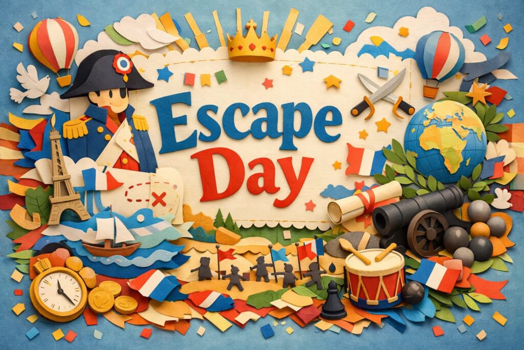 脱出の日（2月26日）は1815年2月26日、エルバ島に流刑されていたナポレオンが脱出しパリへ向かった日に由来します。百日天下とワーテルローまでを会話向きに整理します。